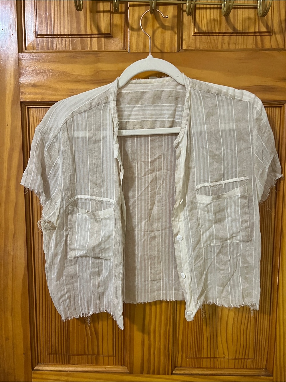 Vintage Cream Striped button up Short-Sleeve Blouse